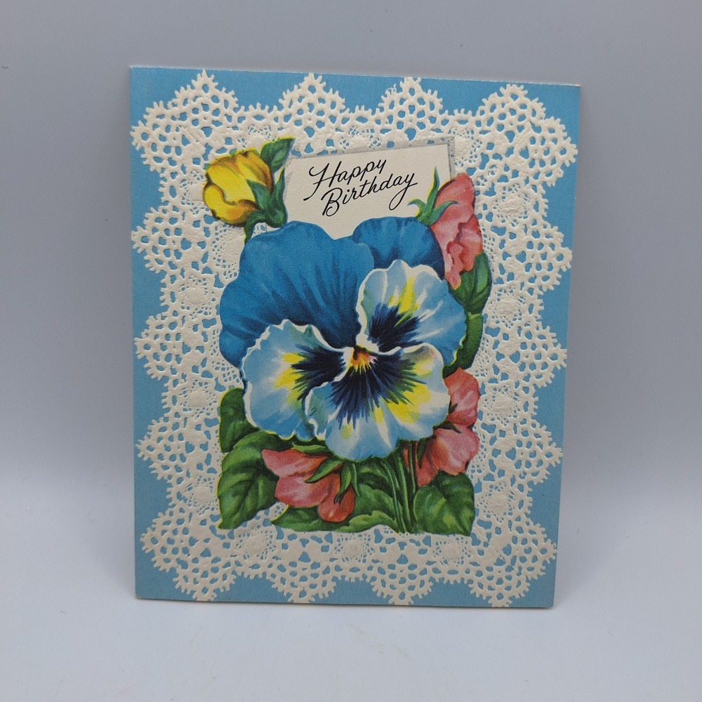 Vintage Fairfield Happy Birthday Card Pansy Flower Doily Lace Blue Pink